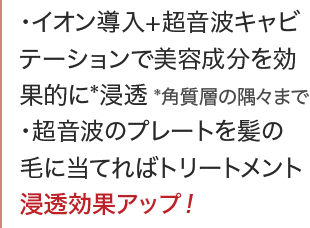 イオン導入+超音波キャビテーションで美容成分を効果的に*浸透 *角質層の隅々まで・超音波のプレートを髪の毛に当てればトリートメント浸透効果アップ！