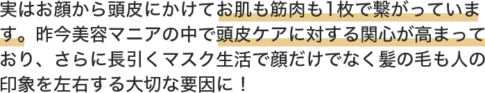 実はお顔から頭皮にかけてお肌も筋肉も1枚で繋がっています。昨今美容マニアの中で頭皮ケアに対する関心が高まっており、さらに長引くマスク生活で顔だけでなく髪の毛も人の印象を左右する大切な要因に！