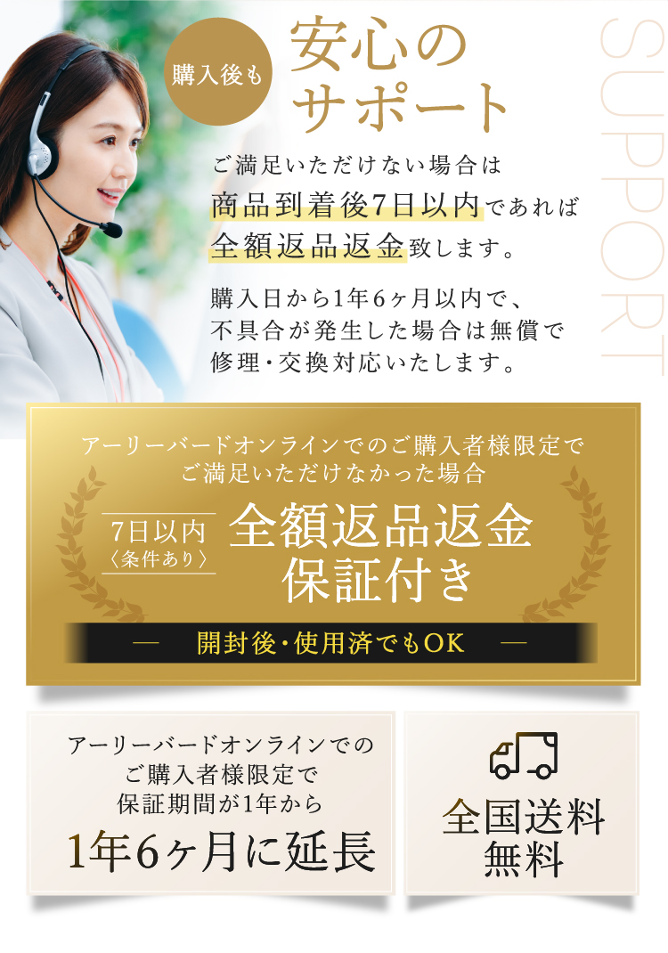 購入後も安心のサポート ご満足いただけない場合は商品到着後7日以内であれば全額返品返金致します。